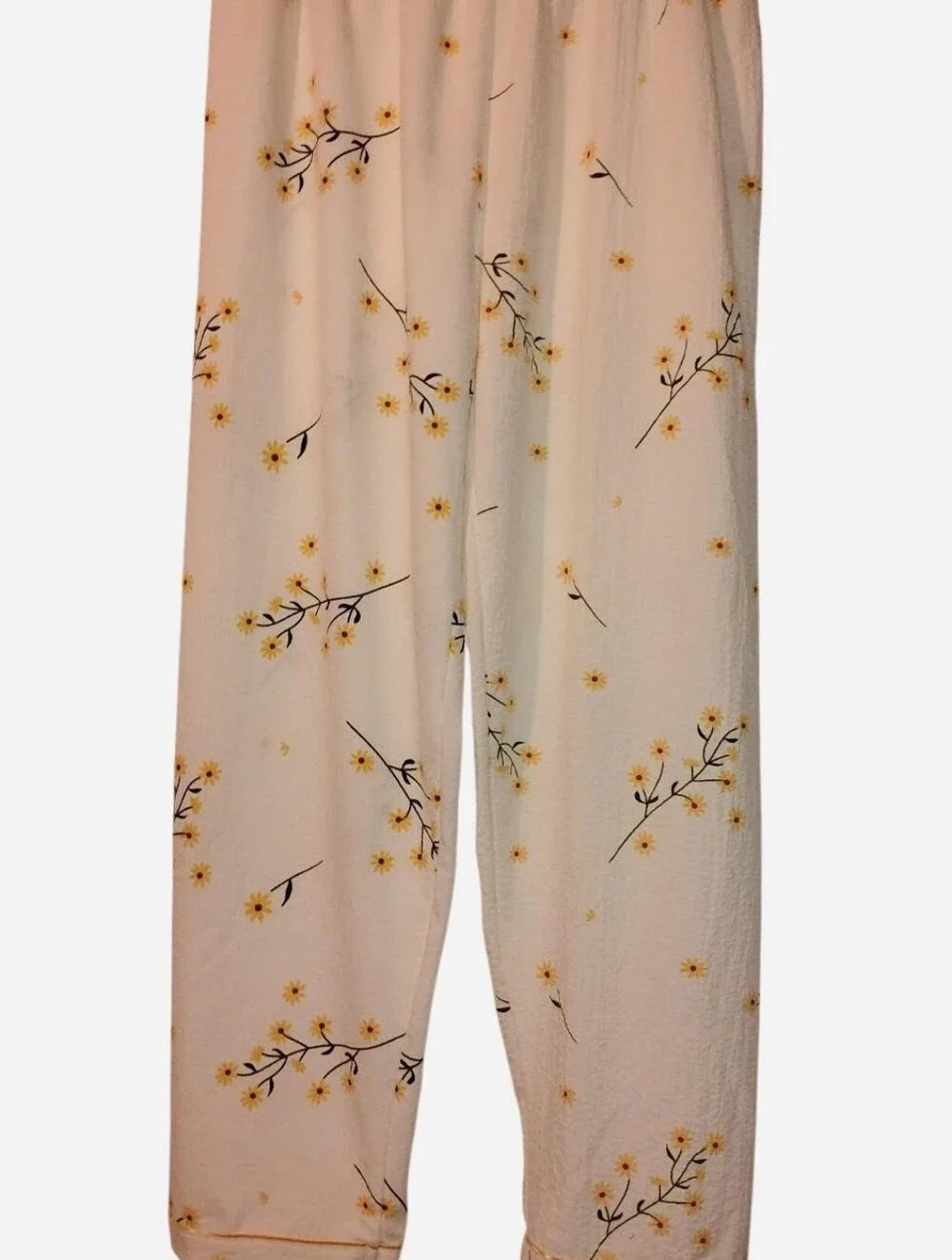 Floral Pajama Pants Large White Yellow Daisy Plisse Seersucker Wide Leg Lounge